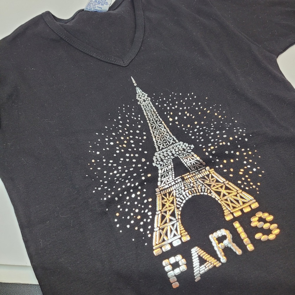 Jean Shirt Paris Eiffel Tower Tee Womens TU Black Excellent Metallic Graphic